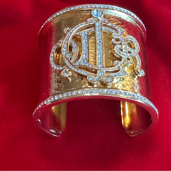 CHRISTIAN DIOR Rare Logo gold crystal Cuff bracelet designer Germany - Picture 2 of 8